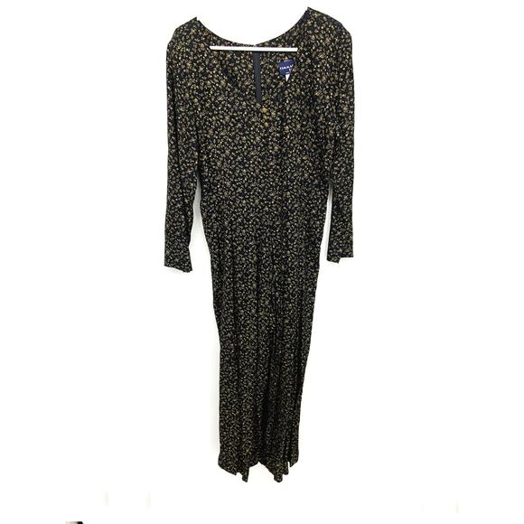 Vintage 80s Cimmaron Dress Long Sleeve Jumpsuit Black Floral Round Neck Size 12 - Picture 3 of 5